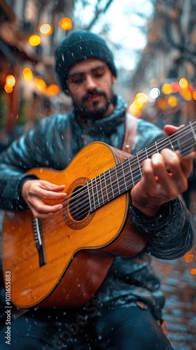 street musician plays a guitar while a small crowd gathers to listen, busy street background, soft focus