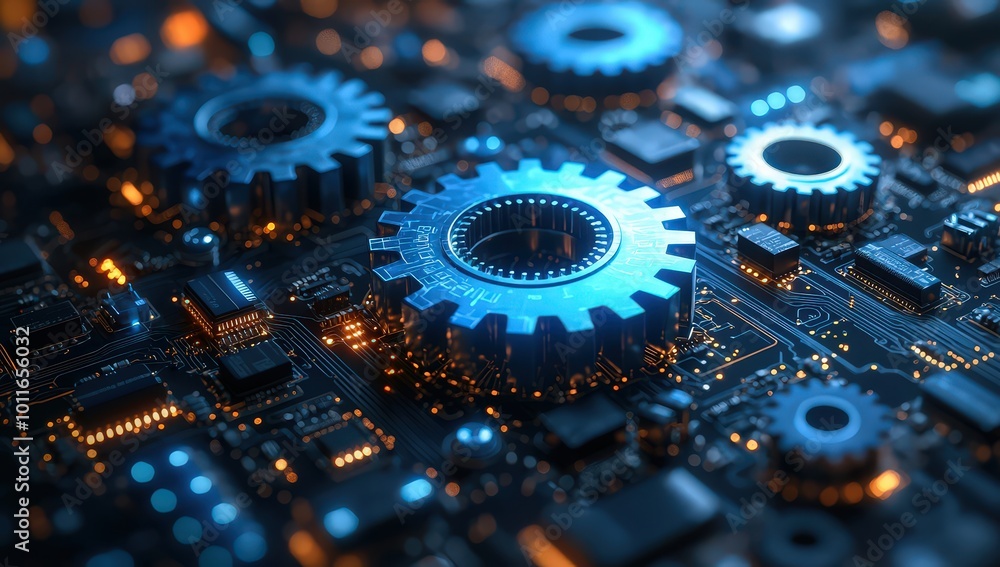 Digital blue gears on a circuit board background, a technology and industry concept. Digital blue gears on a circuit board background, a technology and industry concept.