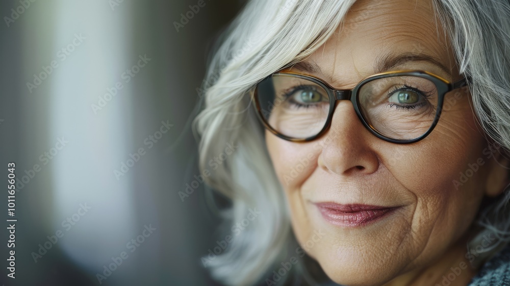 A mature woman with gray hair and glasses smiles warmly, exuding wisdom and kindness in a softly lit room. A mature woman with gray hair and glasses smiles warmly, exuding wisdom and kindness in a softly lit room.