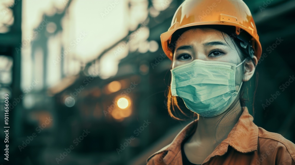 A construction worker in an orange helmet and mask stands in an industrial setting at sunset, exuding resilience and dedication. A construction worker in an orange helmet and mask stands in an industrial setting at sunset, exuding resilience and dedication.