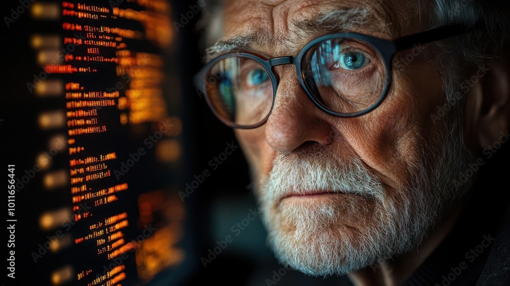 older individual glasses perched on nose focuses intently on computer screen displaying lines of programming code embodying the intersection of age and technology in a digital age older individual glasses perched on nose focuses intently on computer screen displaying lines of programming code embodying the intersection of age and technology in a digital age