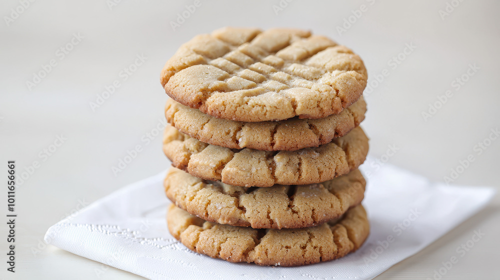 Tall stack of freshly baked peanut butter cookies placed on a white napkin against a light background Tall stack of freshly baked peanut butter cookies placed on a white napkin against a light background
