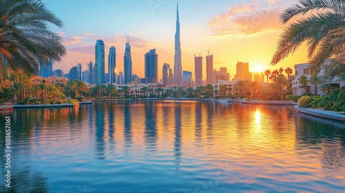 Majestic Sunset Skyline of Dubai - Modern Skyscrapers in Warm Golden Tones | Fujifilm GFX 100S Wide Angle Shot