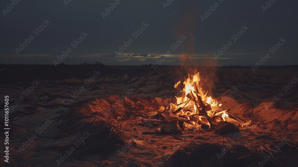 A campfire burns brightly against a darkened sky at dusk, surrounded by sandy terrain and a vast, empty landscape, providing warmth and companionship. A campfire burns brightly against a darkened sky at dusk, surrounded by sandy terrain and a vast, empty landscape, providing warmth and companionship.
