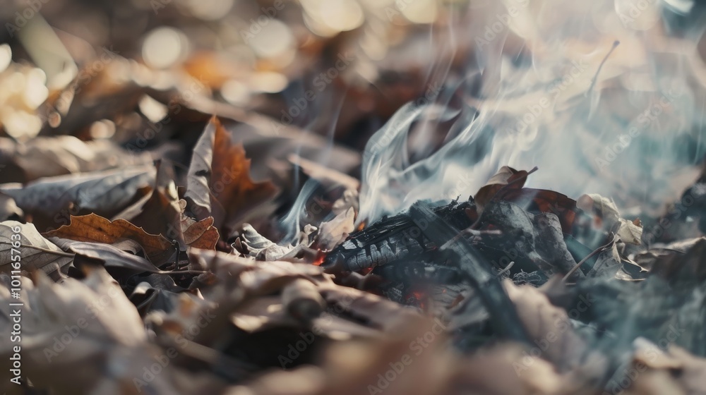 Smoke rises from leaves and logs in an outdoor setting, creating a rustic atmosphere surrounded by nature. Smoke rises from leaves and logs in an outdoor setting, creating a rustic atmosphere surrounded by nature.