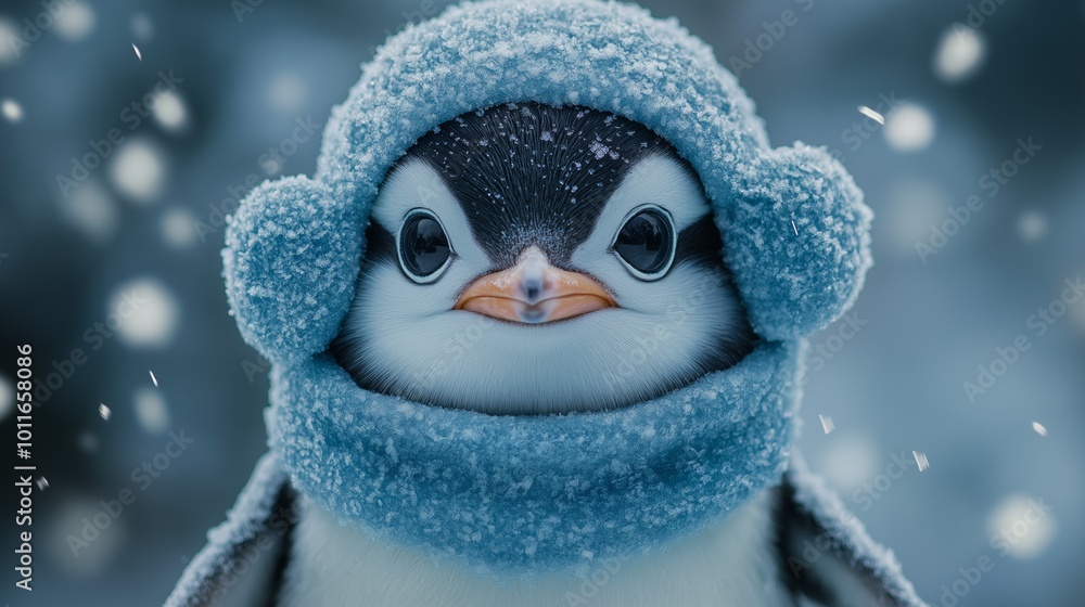 A penguin in a blue hat and scarf looks directly at the camera. A penguin in a blue hat and scarf looks directly at the camera.
