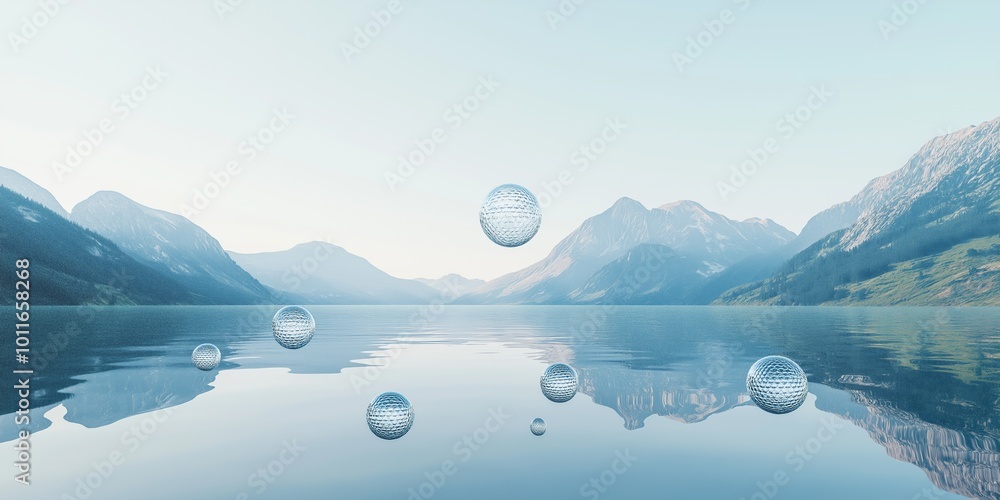 A serene and peaceful scene of a lake with mountains in the background. The water is calm and still, and there are several small bubbles floating on the surface A serene and peaceful scene of a lake with mountains in the background. The water is calm and still, and there are several small bubbles floating on the surface