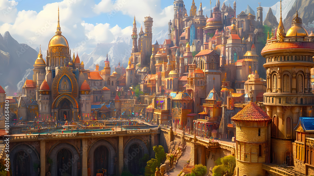 Fototapeta premium Fairy tale elven kingdom with beautiful buildings and a castle. Elven Kingdom. Illustration
