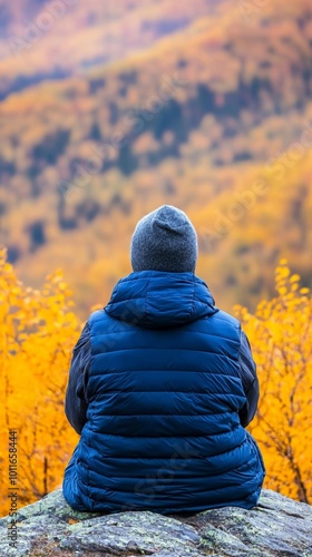 Person sitting on rock, enjoying autumn landscape with vibrant orange leaves.