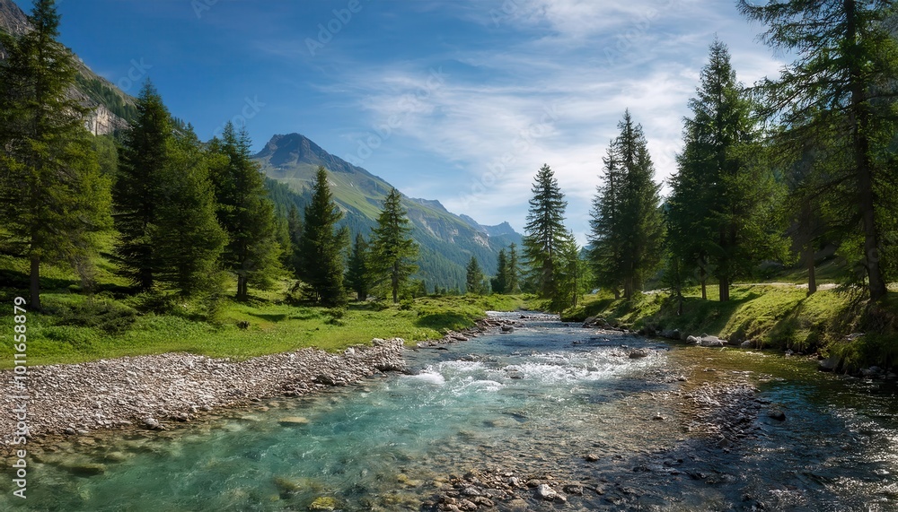 Crystal Clear Mountain Stream Flowing Through a Lush Green Valley in the Shadow of Majestic Peaks Under a Bright Blue Sky with Scattered Clouds