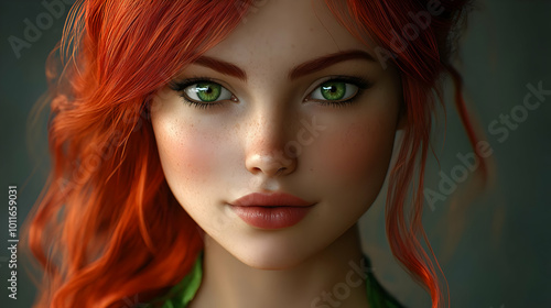 Portrait of a Young Woman with Red Hair and Green Eyes - 3D Illustration