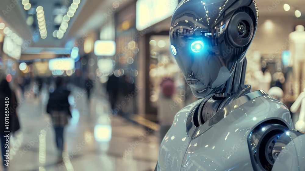 A futuristic robot with glowing blue eyes stands in a busy shopping mall, highlighting the integration of robots in daily human environments. A futuristic robot with glowing blue eyes stands in a busy shopping mall, highlighting the integration of robots in daily human environments.