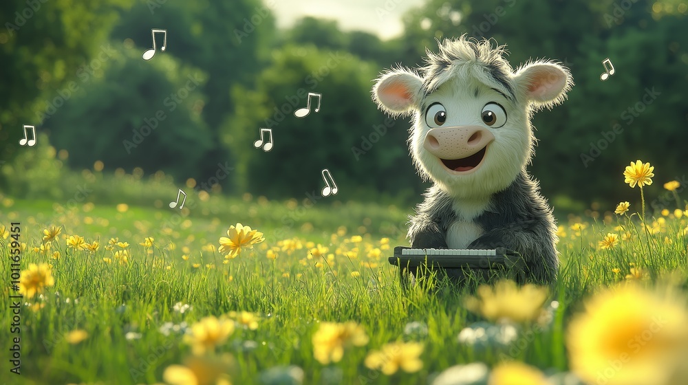 A cute cartoon cow plays the piano in a field of yellow flowers. A cute cartoon cow plays the piano in a field of yellow flowers.