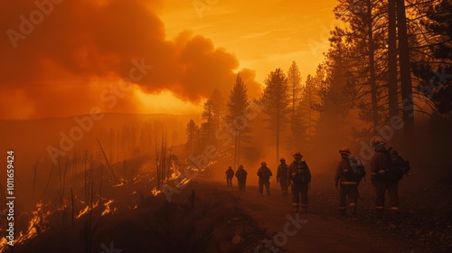 Firefighters walk along a smoky, wooded path, silhouetted against a fiery sky, the landscape reflecting the gravity of the wildfire's destruction.