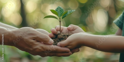 Primer plano de dos pares de manos, un adulto y un niño, sosteniendo un brote de planta, simbolizando el crecimiento y la sostenibilidad en un entorno natural.