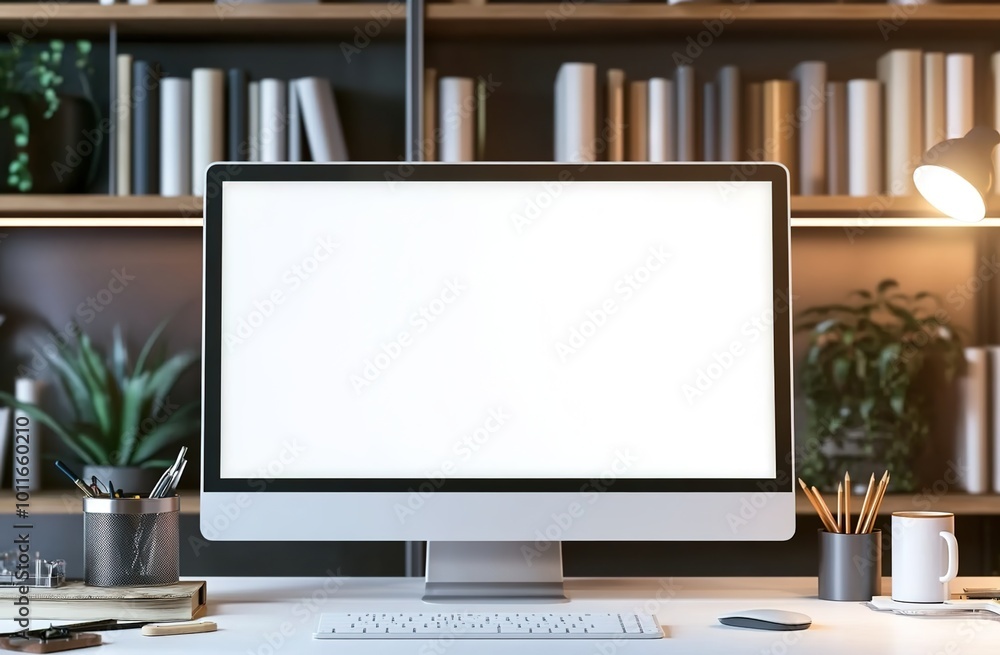 Fototapeta premium A blank white screen computer mockup on a desk