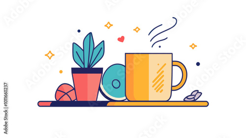 Modern Flat Design Workspace Essentials with Coffee Mug, Potted Plant and Accessories - Trendy Thin Line Icon Illustration