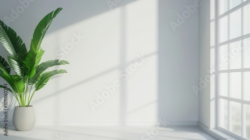 Bright White Office Interior with Plant and Shadows