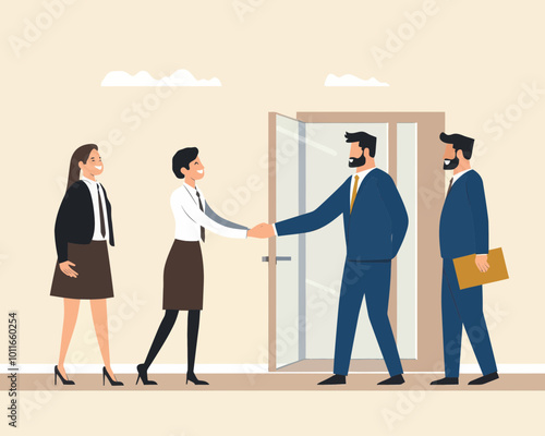 Warm Welcome New Employee Onboarding Business Manager Handshake Introducing New Hire to Team Office Orientation Training Vector Concept