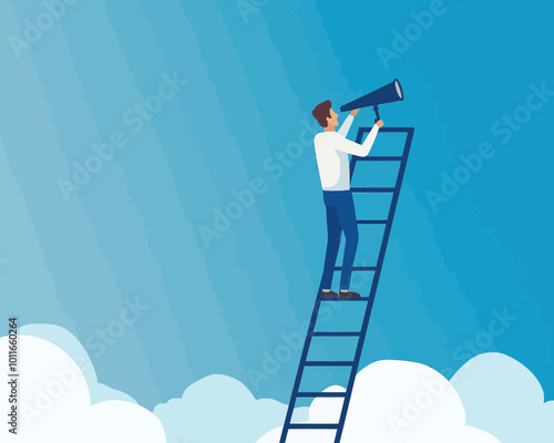 Business Success Ladder: Visionary Leader Climbing with Telescope to Find New Career Opportunities and Discover Leadership in Flat Minimalist Style