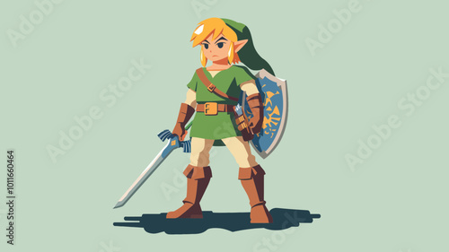 Fantasy Warrior Character with Sword and Shield in Green Medieval Outfit Vector Illustration for Video Game Art and Animation