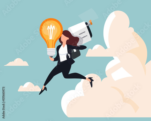 Confident Businesswoman Flying with Lightbulb Jetpack; Symbolizing Innovation, Creativity, Productivity, Career Development, Business Growth, Flat Minimalist SVG Vector