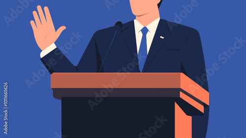 Politician Taking Oath at Podium Vector Illustration with Hand Raised in Swearing Ceremony