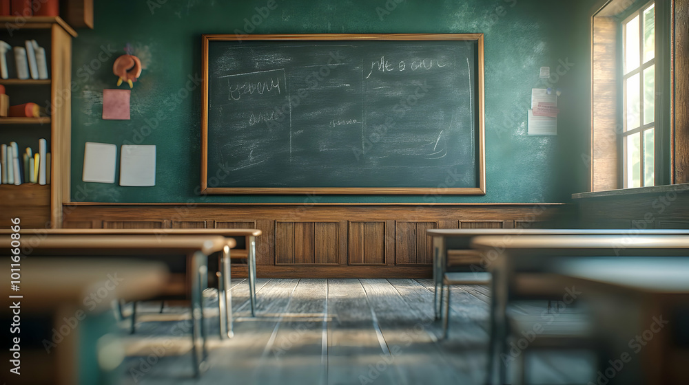 Classroom Interior with Chalkboard and Wooden Desks 3D Illustration Classroom Interior with Chalkboard and Wooden Desks 3D Illustration