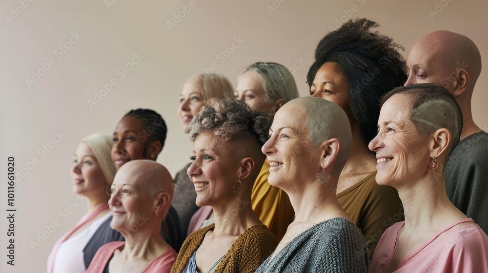 Fototapeta premium A diverse and happy group of women poses together, radiating confidence and unity against a neutral background.