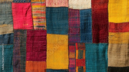 A close-up of South Asian textile art with bold colors, no people, and space for text.