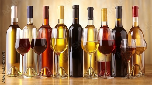Una fila de botellas de vino en diferentes colores y tonalidades, acompañadas de copas a juego. Cada botella representa un estilo y sabor de vino único.