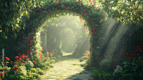 Garden of eden, exotic fairytale fantasy forest, green oasis. unreal fantasy landscape with trees and flowers. sunlight, shadows, creepers and an arch. 3d illustration. Enchanted Garden. Illustration