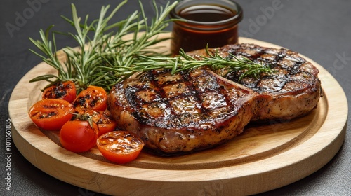 Costillas de carne a la parrilla, acompañadas de tomates cherry asados y romero fresco, servidas en un plato de madera redondo. El asado perfecto para una comida sabrosa y rústica. photo