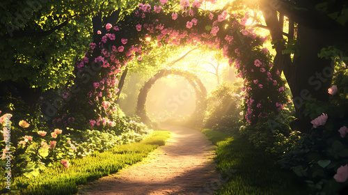 Garden of eden, exotic fairytale fantasy forest, green oasis. unreal fantasy landscape with trees and flowers. sunlight, shadows, creepers and an arch. 3d illustration. Enchanted Garden. Illustration