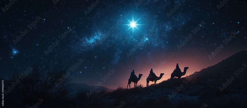 Three wise men riding camels under a starry night sky with a bright star shining above them. Three wise men riding camels under a starry night sky with a bright star shining above them.