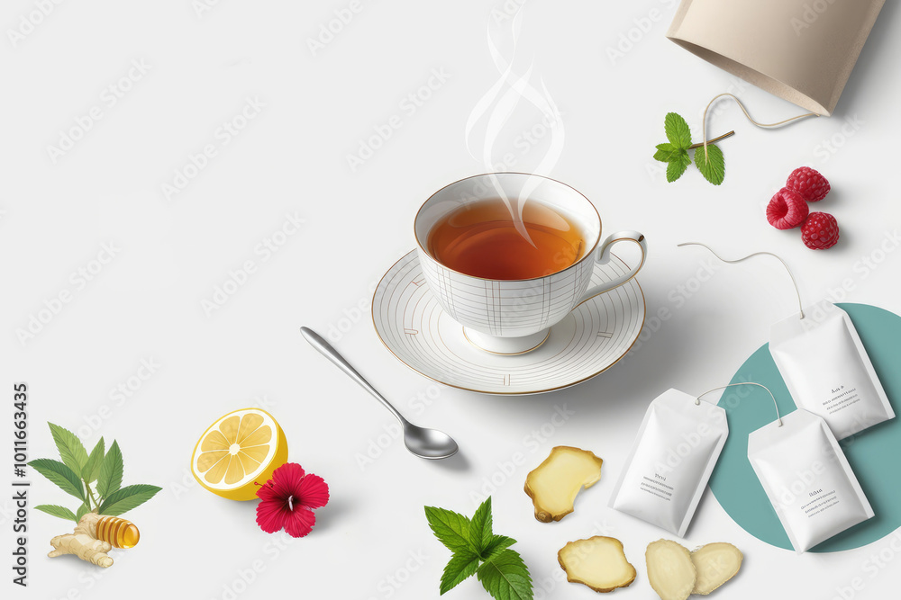 Illustration set of tea cup, ginger, teabag, mint, tea leaf, tea cup, honey, slice of lemon, dry tea isolated on the white background. AI generated Illustration set of tea cup, ginger, teabag, mint, tea leaf, tea cup, honey, slice of lemon, dry tea isolated on the white background. AI generated