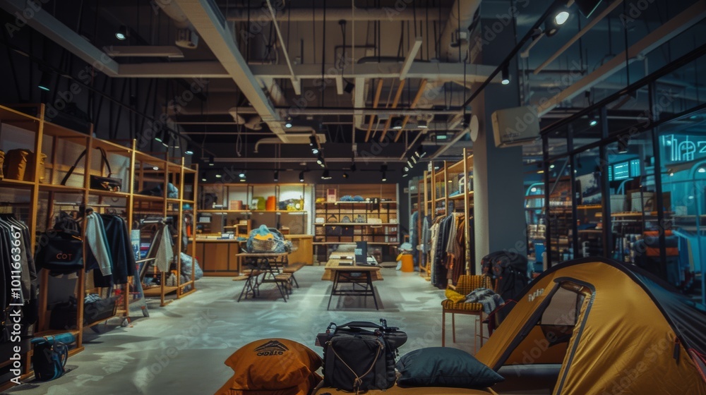 A modern outdoor gear and clothing store interior, showcasing neatly arranged merchandise under warm, inviting lighting. A modern outdoor gear and clothing store interior, showcasing neatly arranged merchandise under warm, inviting lighting.