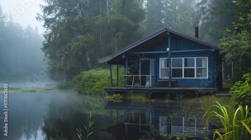 A cozy cabin nestles by a misty lake, enveloped in the soft embrace of surrounding trees, emanating peace and rustic charm amidst nature.