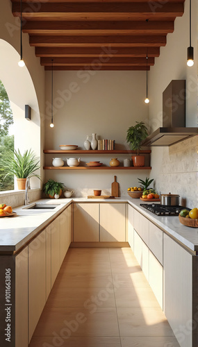 Modern kitchen interior with decorative wood and natural plants in a bright environment