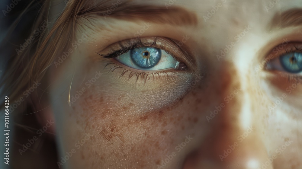 Close-up of an expressive eye with a bright blue iris, radiating intense emotion and depth, framed by freckles and soft lighting. Close-up of an expressive eye with a bright blue iris, radiating intense emotion and depth, framed by freckles and soft lighting.