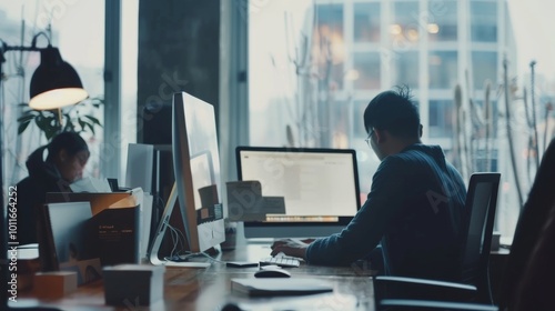 A dedicated individual works at a computer in an urban office, surrounded by the hustle and bustle of a modern cityscape through large windows.