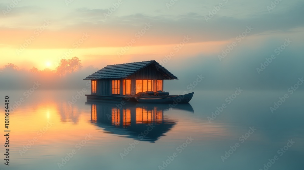 Serene floating house at sunrise on a calm lake. Serene floating house at sunrise on a calm lake.