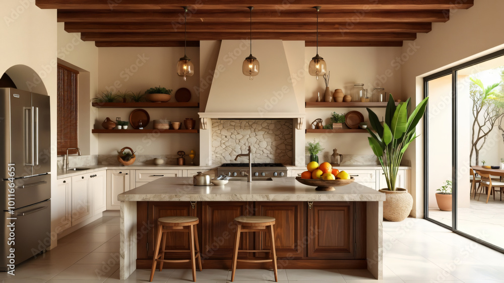 Fototapeta premium Rustic Modern Kitchen with Natural Accents and Open Shelving