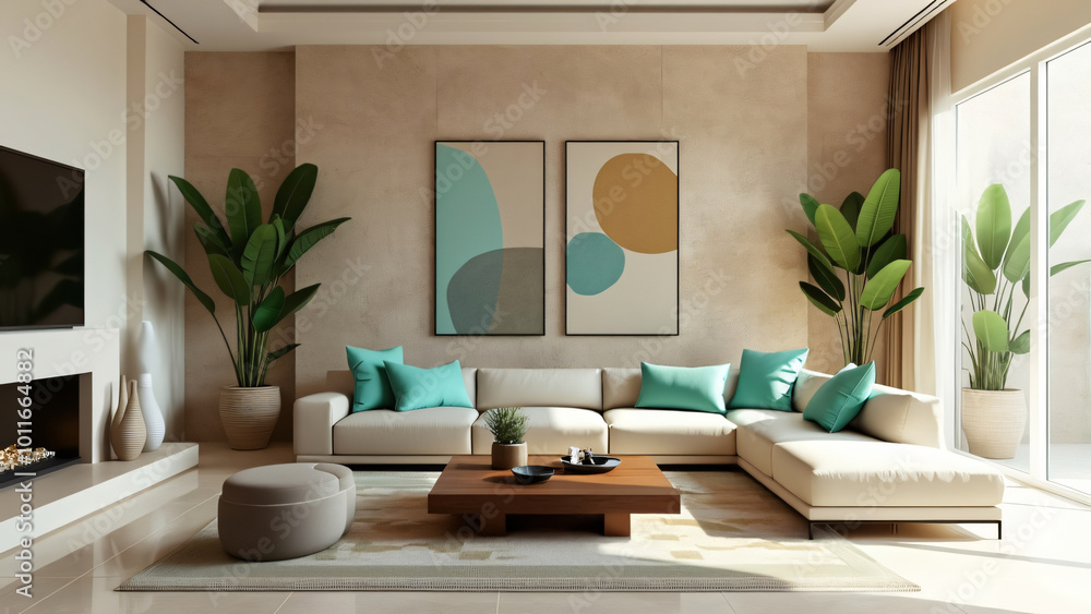 Fototapeta premium Modern Living Room with Teal Accents and Natural Light