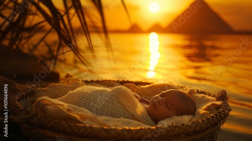 child in a basket in the Nile river with the pyramids in the background photo