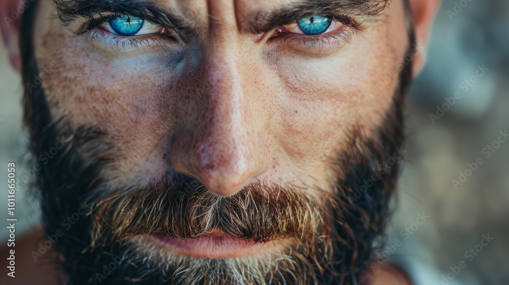 A close-up of a man with piercing blue eyes and a rugged beard, set against a neutral background, exuding intensity and focus. A close-up of a man with piercing blue eyes and a rugged beard, set against a neutral background, exuding intensity and focus.