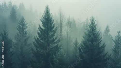 A dense forest of tall evergreen trees, blanketed in mist, evokes a sense of enchantment and calm.