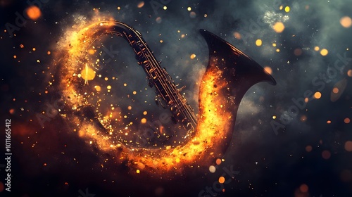 musical instruments conception. Abstract saxophone background with colourful. Musical pattern. Fragment of the  creative saxophone in golden tones with fire photo