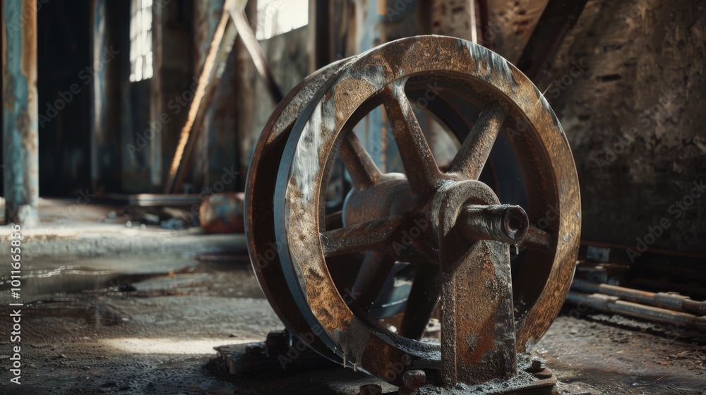 A large rusted machine wheel sits abandoned in an old, crumbling industrial building, symbolizing the decline of past industries. A large rusted machine wheel sits abandoned in an old, crumbling industrial building, symbolizing the decline of past industries.