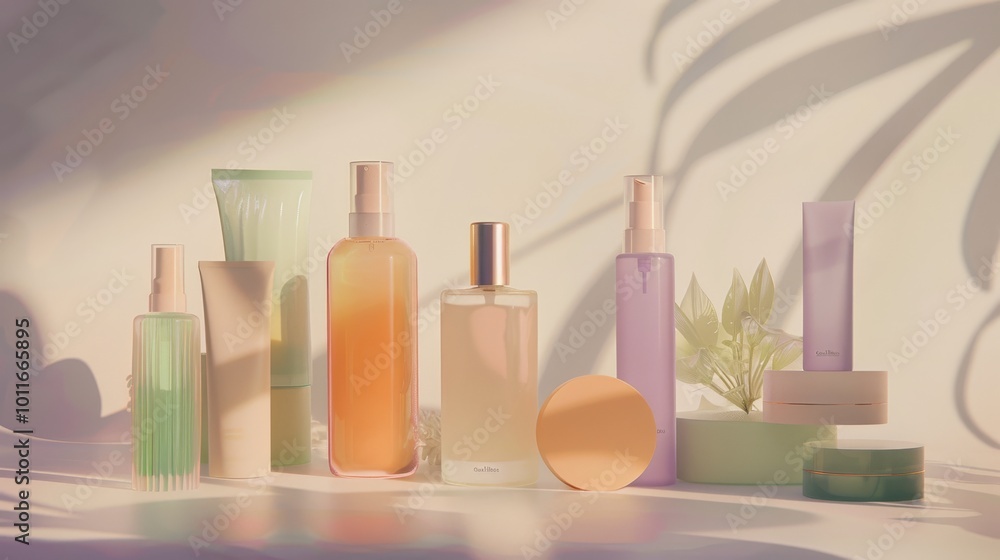 A collection of cosmetic bottles cast in soft, warm light, shadows of leaves in the background adding a natural touch. A collection of cosmetic bottles cast in soft, warm light, shadows of leaves in the background adding a natural touch.